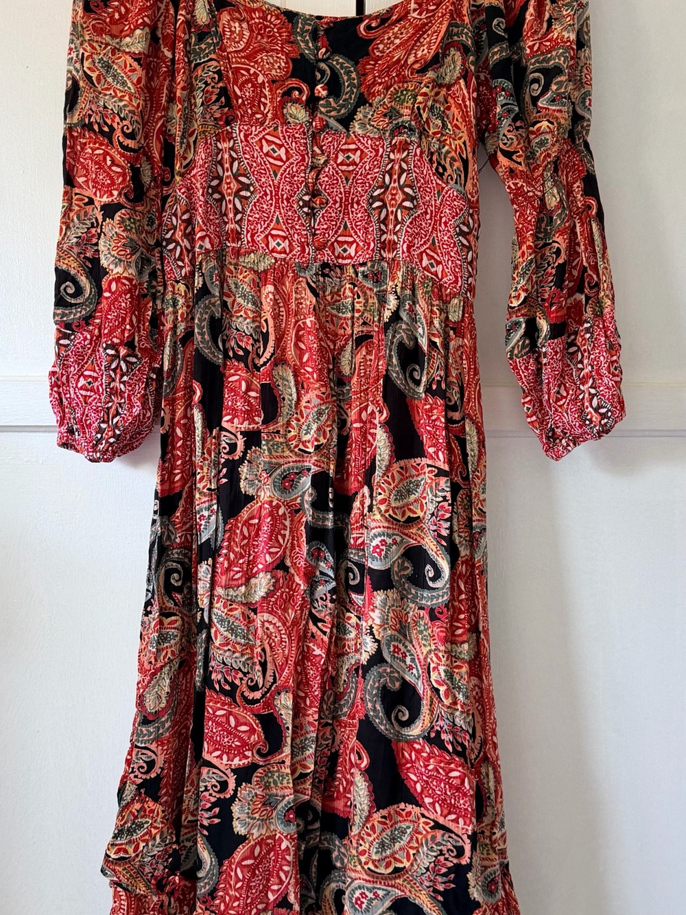 Angie | Bohemian Red Paisley Maxi Dress with Smocked Bodice Small - Picture 2 of 4